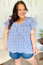 Hello Beautiful Blue Plaid V Neck Ruffle Elastic Babydoll Top Haptics