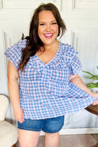 Hello Beautiful Blue Plaid V Neck Ruffle Elastic Babydoll Top Haptics