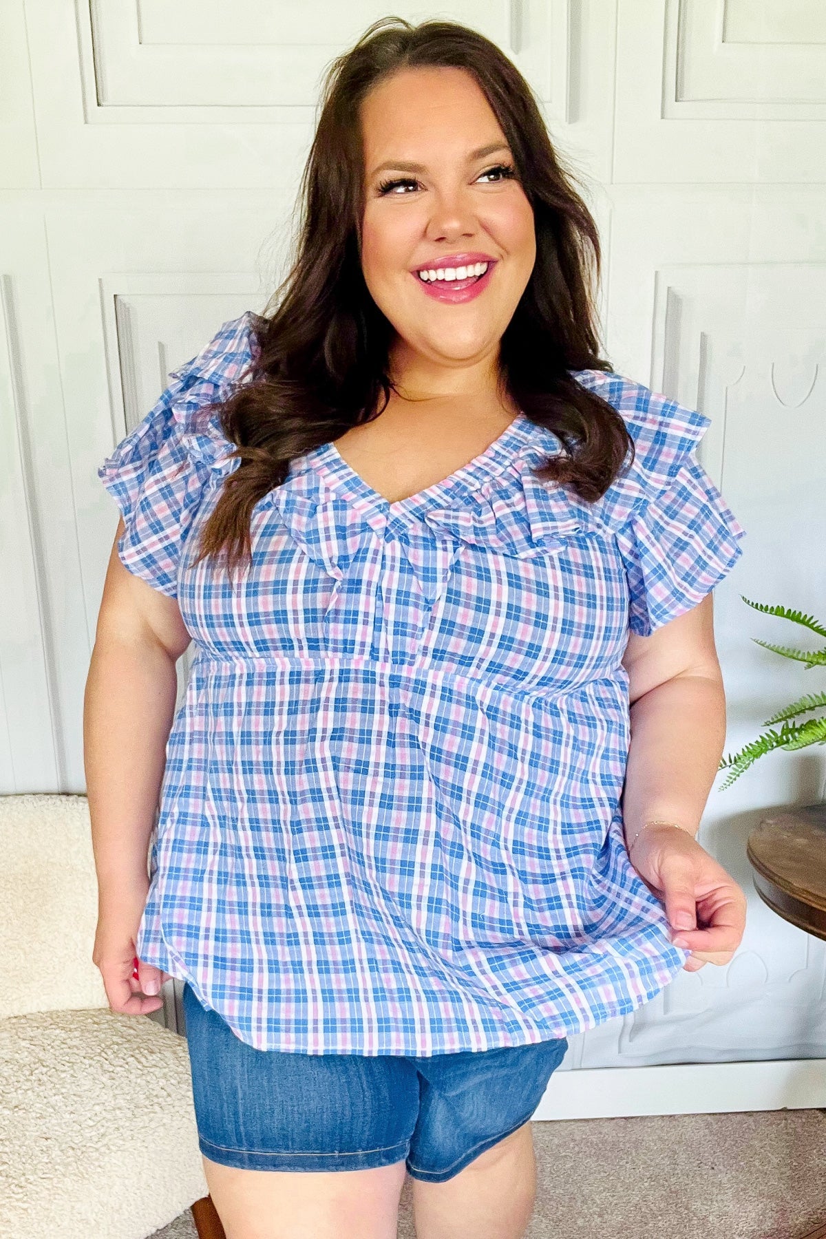 Hello Beautiful Blue Plaid V Neck Ruffle Elastic Babydoll Top Haptics