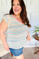 Sunny Days Coral Two Tone Striped Textured Knit V Neck Top Haptics