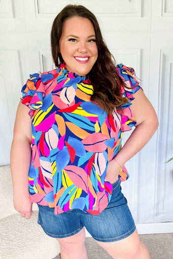 Tropical Vibes Blue & Pink Mock Neck Flutter Sleeve Top Haptics