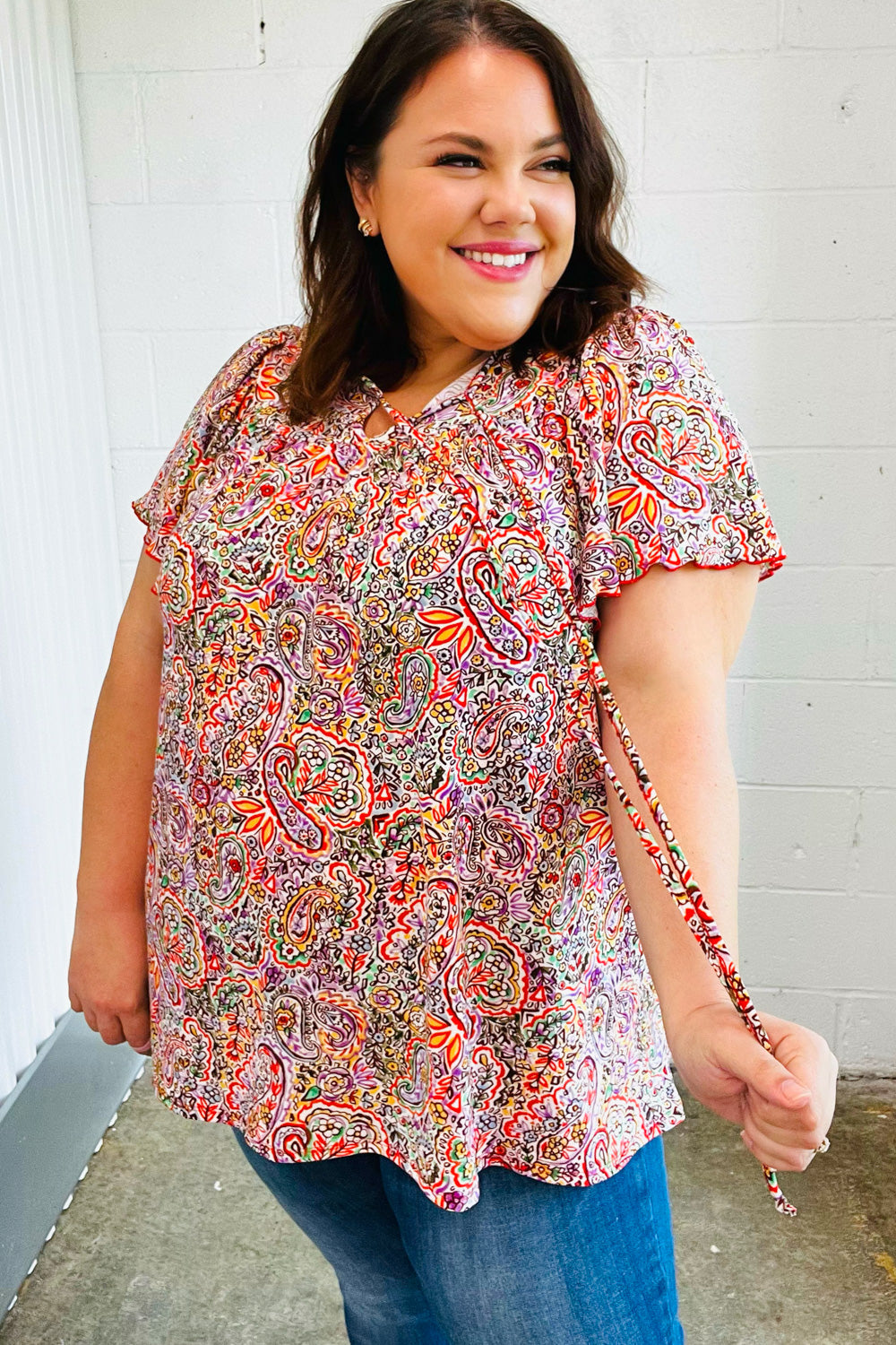 Plum Multicolor Boho Paisley Tie Neck Dolman Top Sugarfox