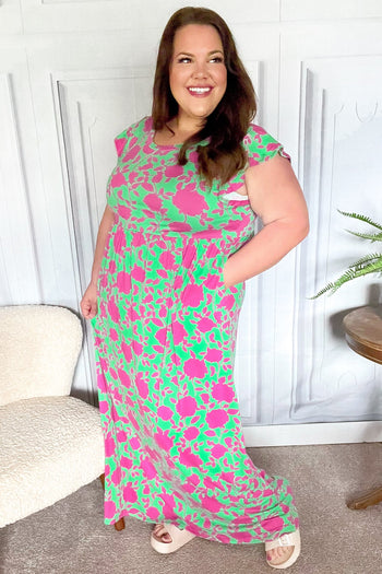 Stand Out Green & Fuchsia Floral Fit & Flare Maxi Dress Haptics