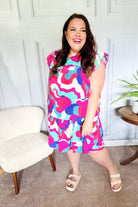 Go For Fun Fuchsia Geo Print Tiered Ruffle Sleeve Woven Dress Haptics