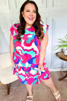 Go For Fun Fuchsia Geo Print Tiered Ruffle Sleeve Woven Dress Haptics