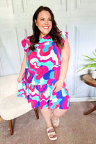 Go For Fun Fuchsia Geo Print Tiered Ruffle Sleeve Woven Dress Haptics