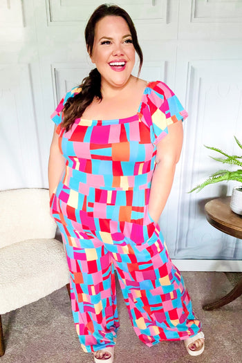 Scarlet & Aqua Geometric Print Wide Leg Jumpsuit Haptics