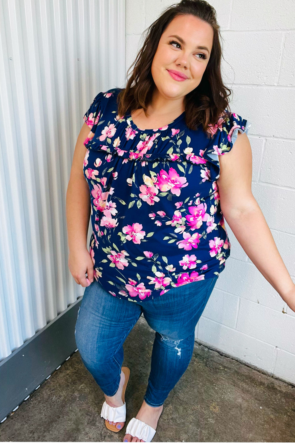 Navy & Pink Floral Print Frilled Short Sleeve Yoke Top Haptics