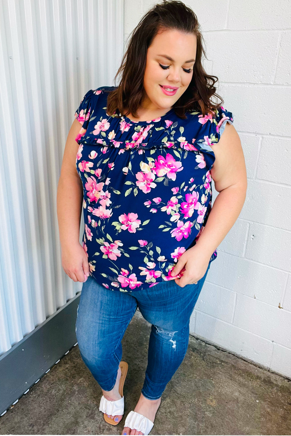 Navy & Pink Floral Print Frilled Short Sleeve Yoke Top Haptics