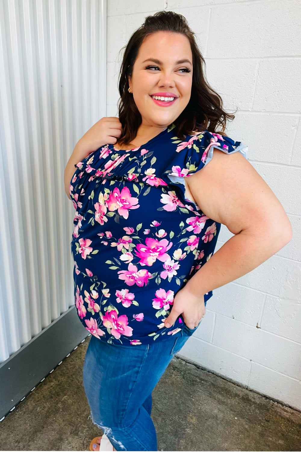 Navy & Pink Floral Print Frilled Short Sleeve Yoke Top Haptics