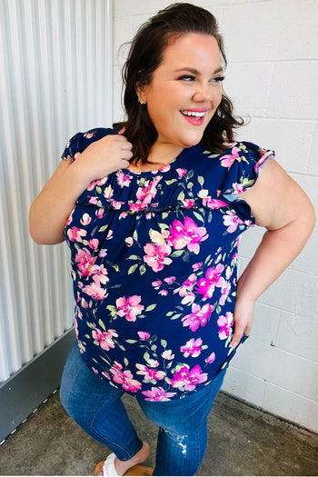 Navy & Pink Floral Print Frilled Short Sleeve Yoke Top Haptics