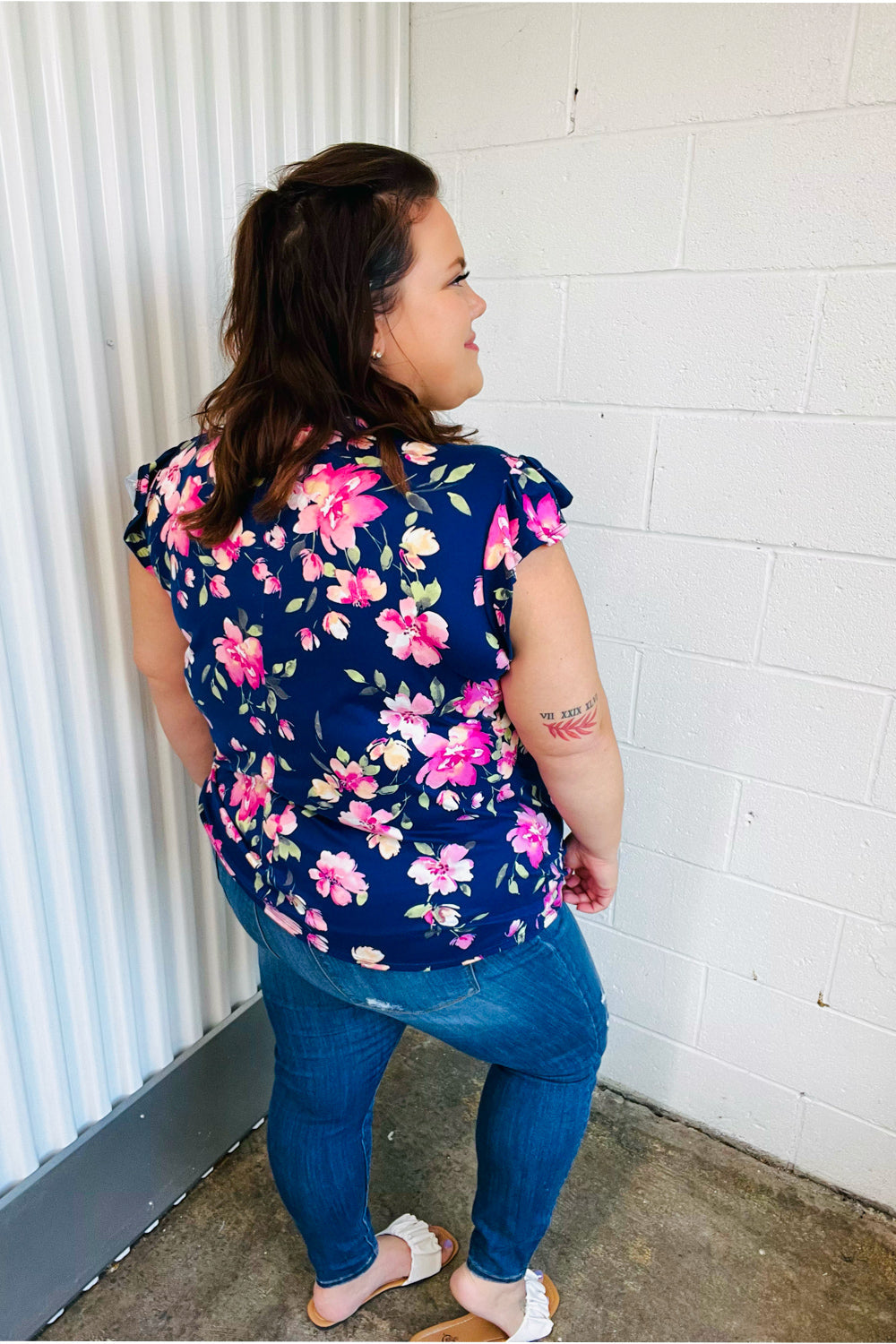 Navy & Pink Floral Print Frilled Short Sleeve Yoke Top Haptics