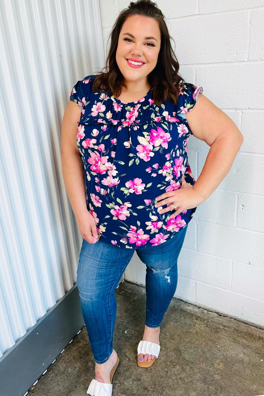 Navy & Pink Floral Print Frilled Short Sleeve Yoke Top Haptics