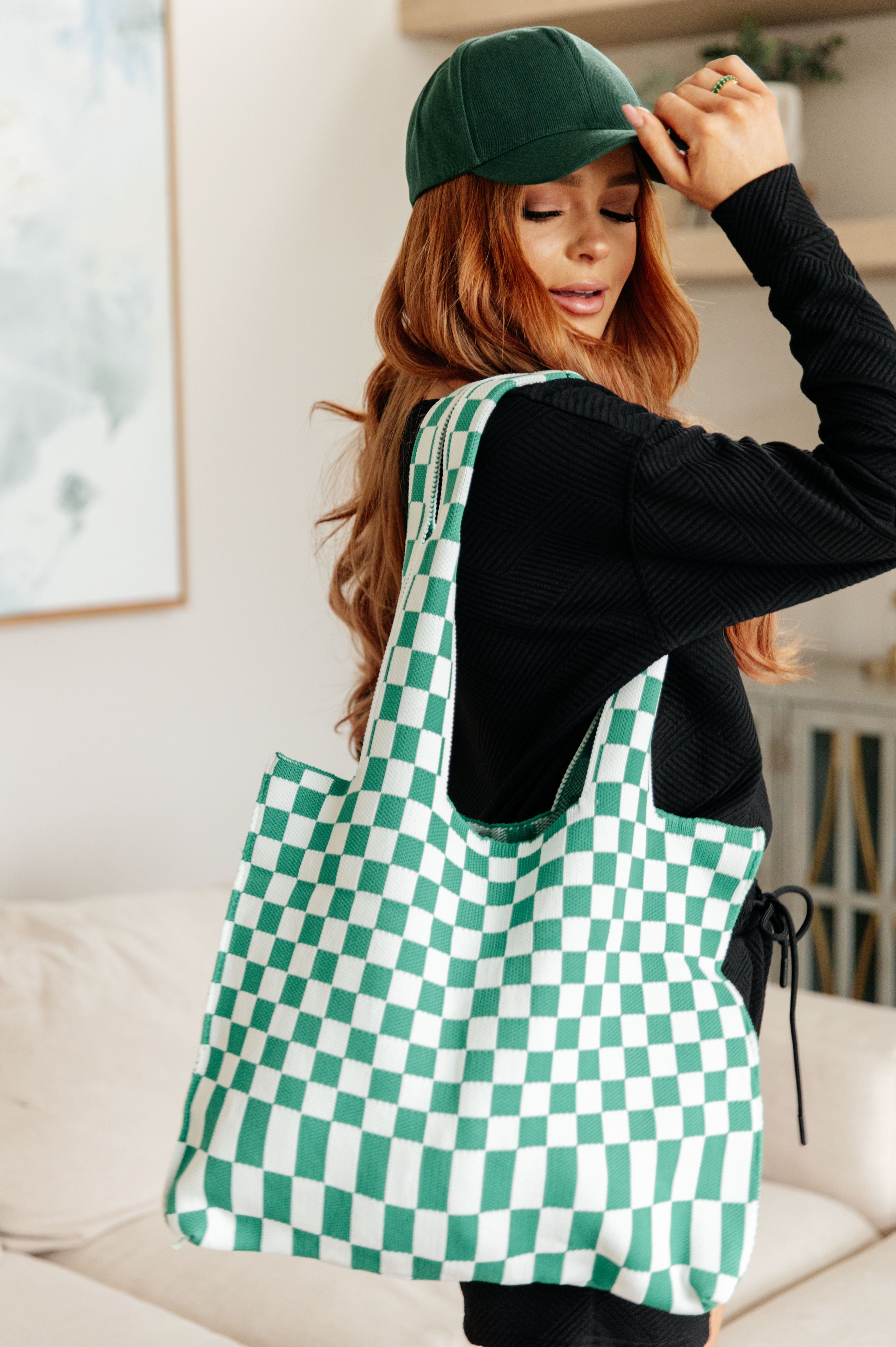 Ave Shops Checkerboard Lazy Wind Big Bag in Green & White Ave Shops