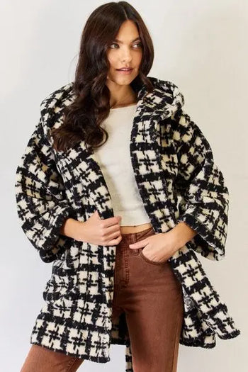 J.NNA Fuzzy Plaid Waist Tie Hooded Robe Cardigan Trendsi