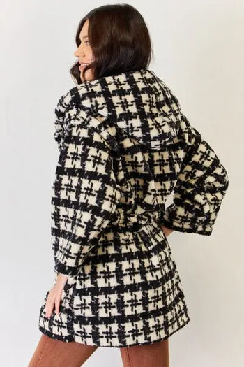 J.NNA Fuzzy Plaid Waist Tie Hooded Robe Cardigan Trendsi