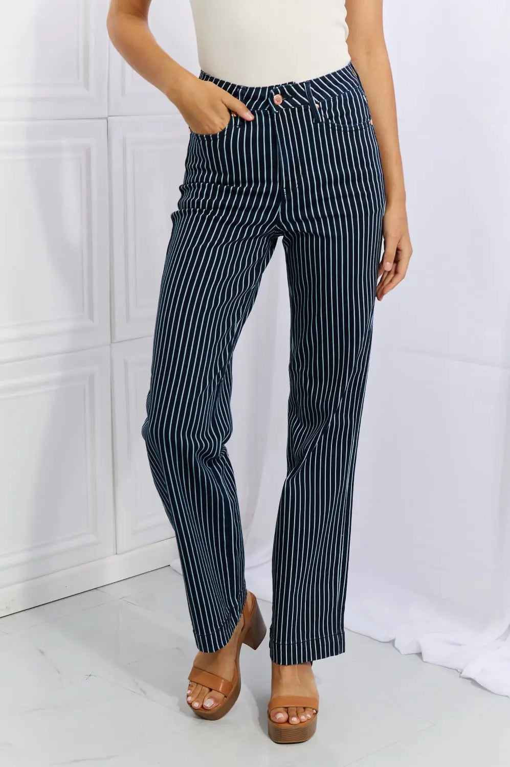 Judy Blue Cassidy Full Size High Waisted Tummy Control Striped Straight Jeans Trendsi