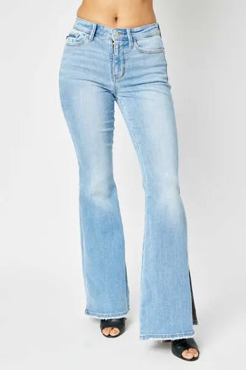 Judy Blue Full Size Mid Rise Raw Hem Slit Flare Jeans Trendsi