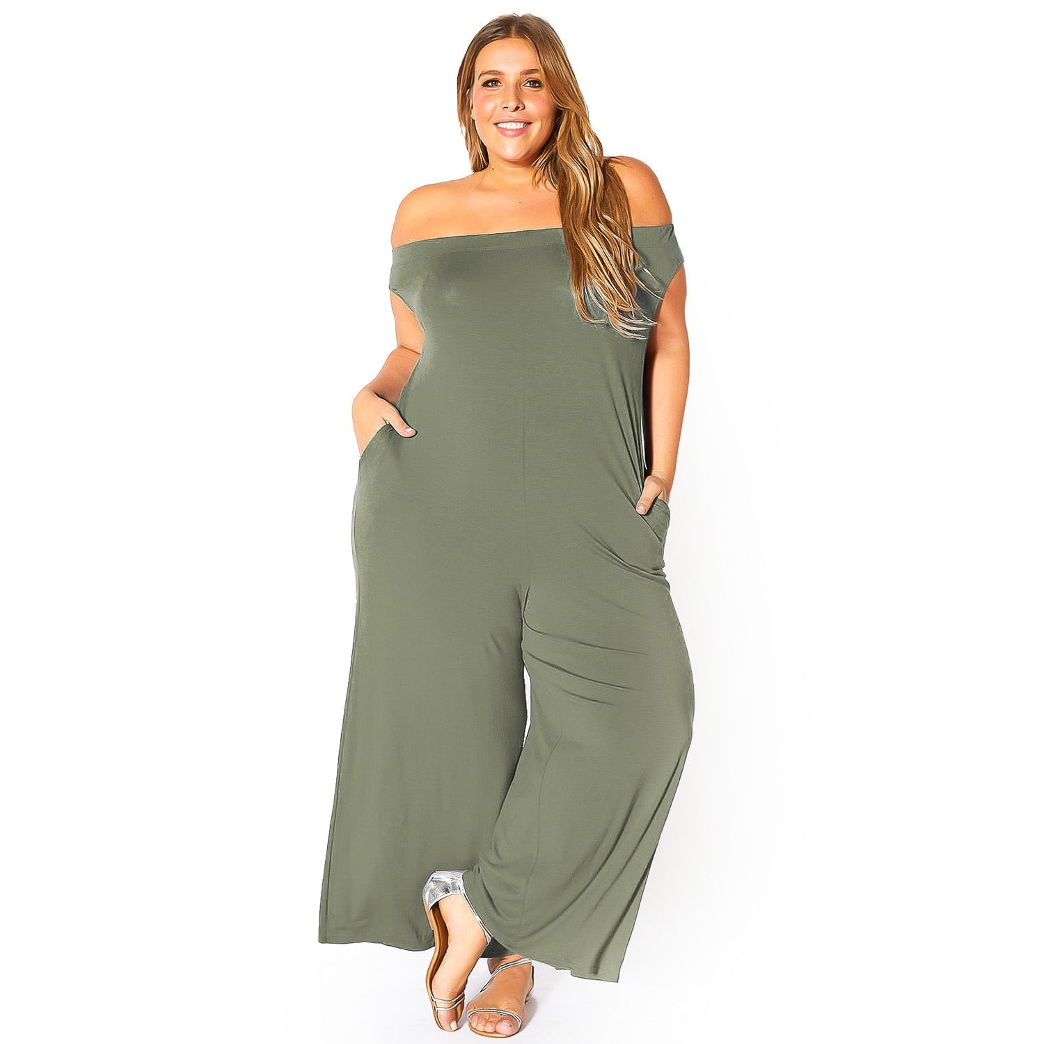 Plus Size Off Shoulder Wide Leg Jumpsuit by Shop at Konus