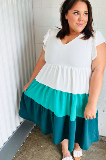 Seafoam & Emerald Tiered Frill Sleeve Midi Dress Haptics