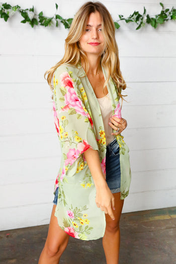 Sage Floral Print Chiffon Cover Up Kimono Haptics