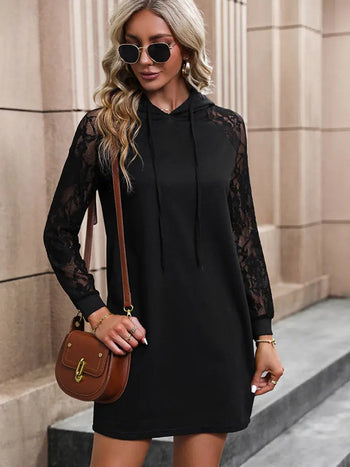 Lace Trim Long Sleeve Hooded Dress Trendsi