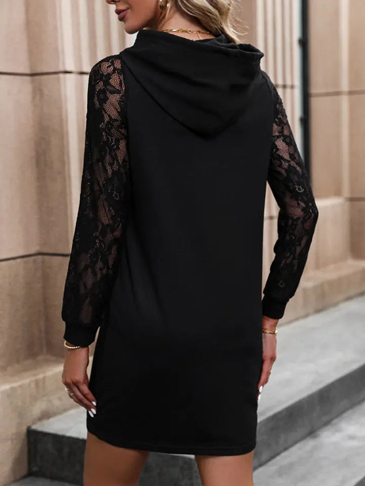 Lace Trim Long Sleeve Hooded Dress Trendsi