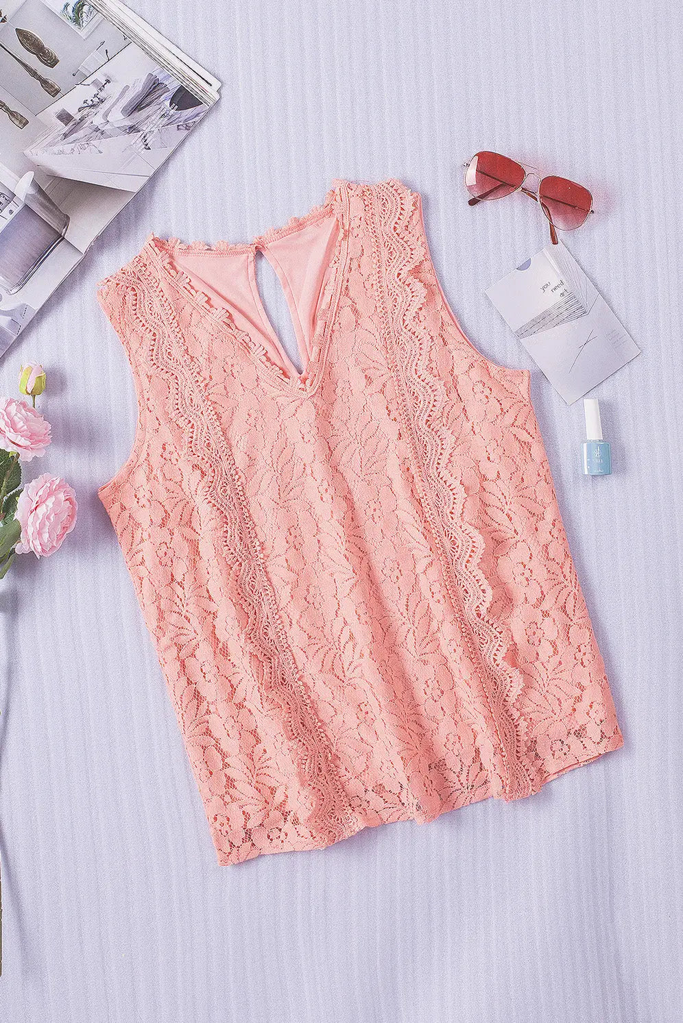 Lace V-Neck Wide Strap Tank Trendsi