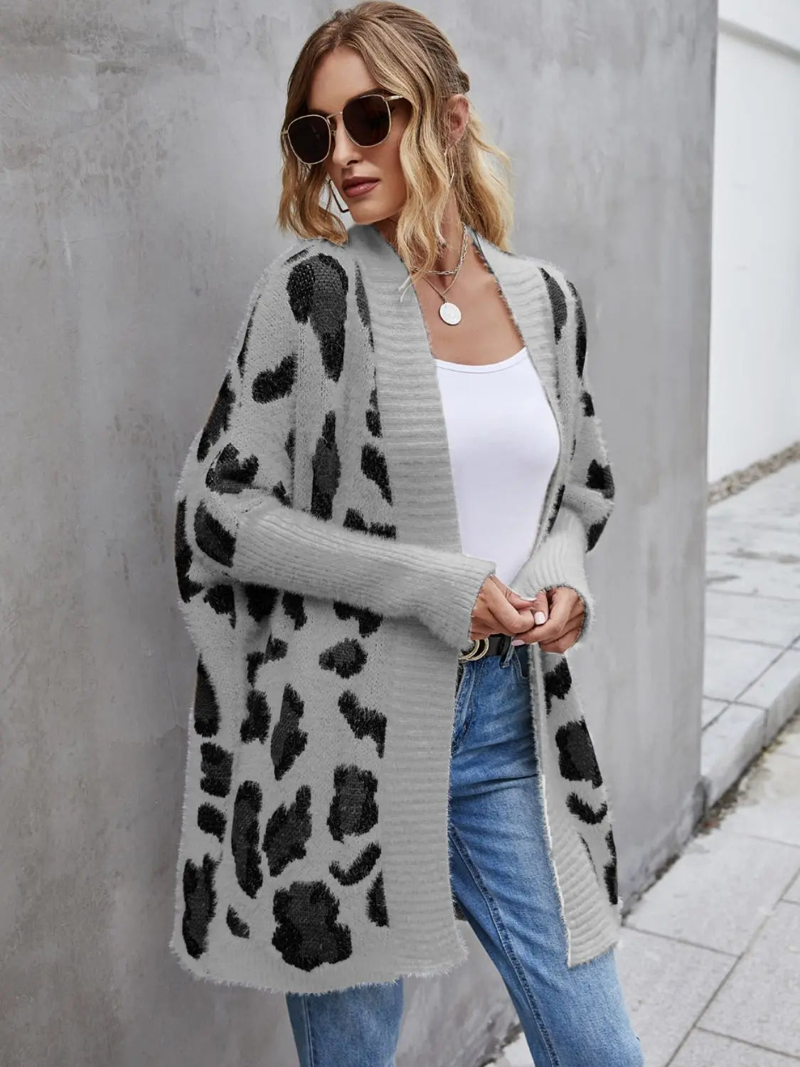 Leopard Pattern Fuzzy Cardigan Trendsi