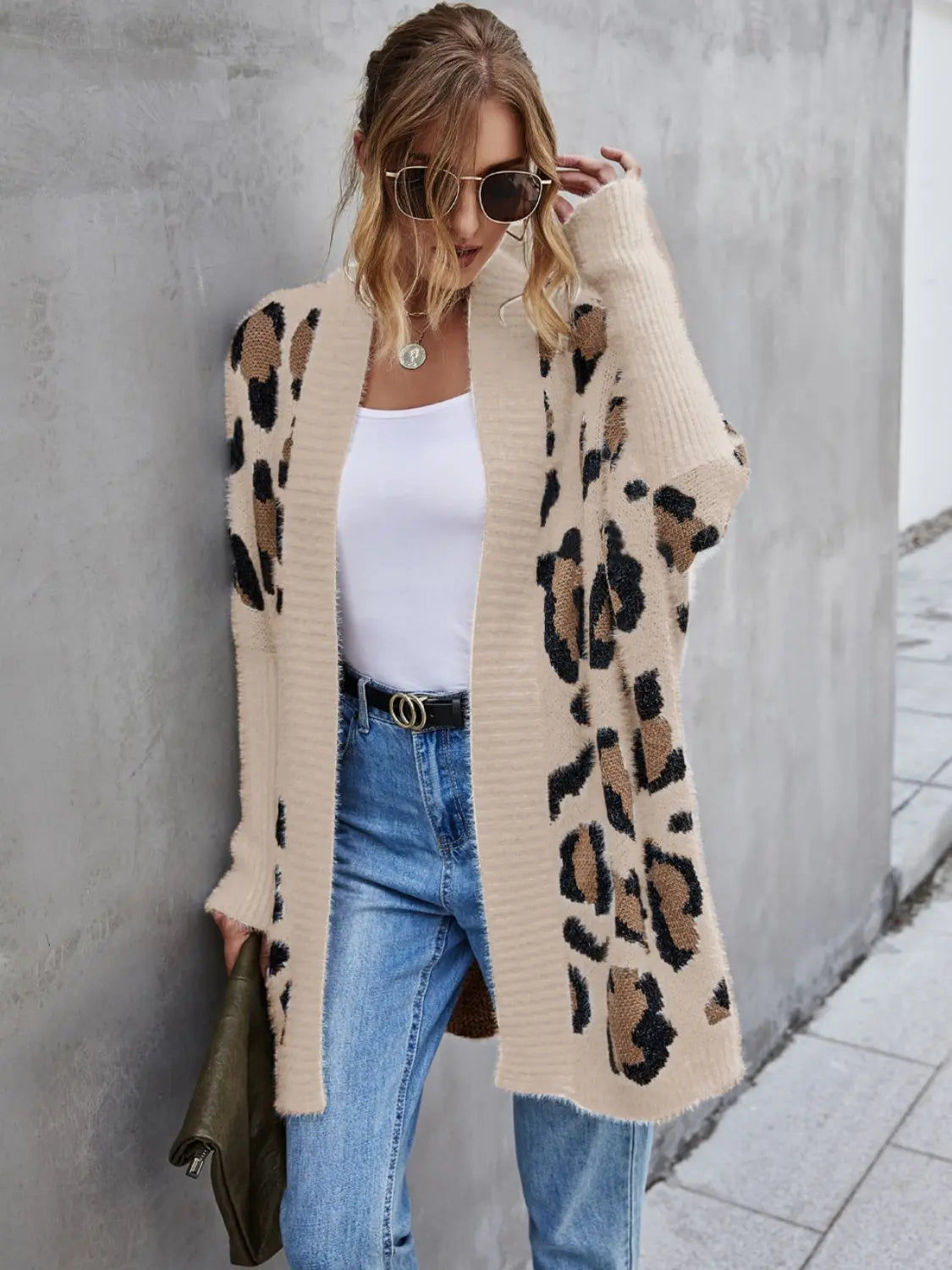 Leopard Pattern Fuzzy Cardigan Trendsi