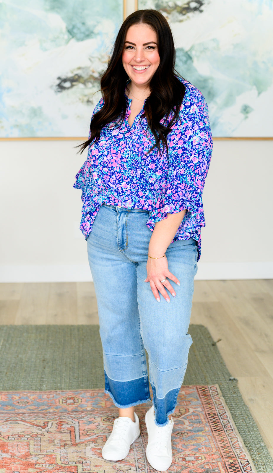 Lizzy Bell Sleeve Top in Navy and Pink Floral Ave Shops