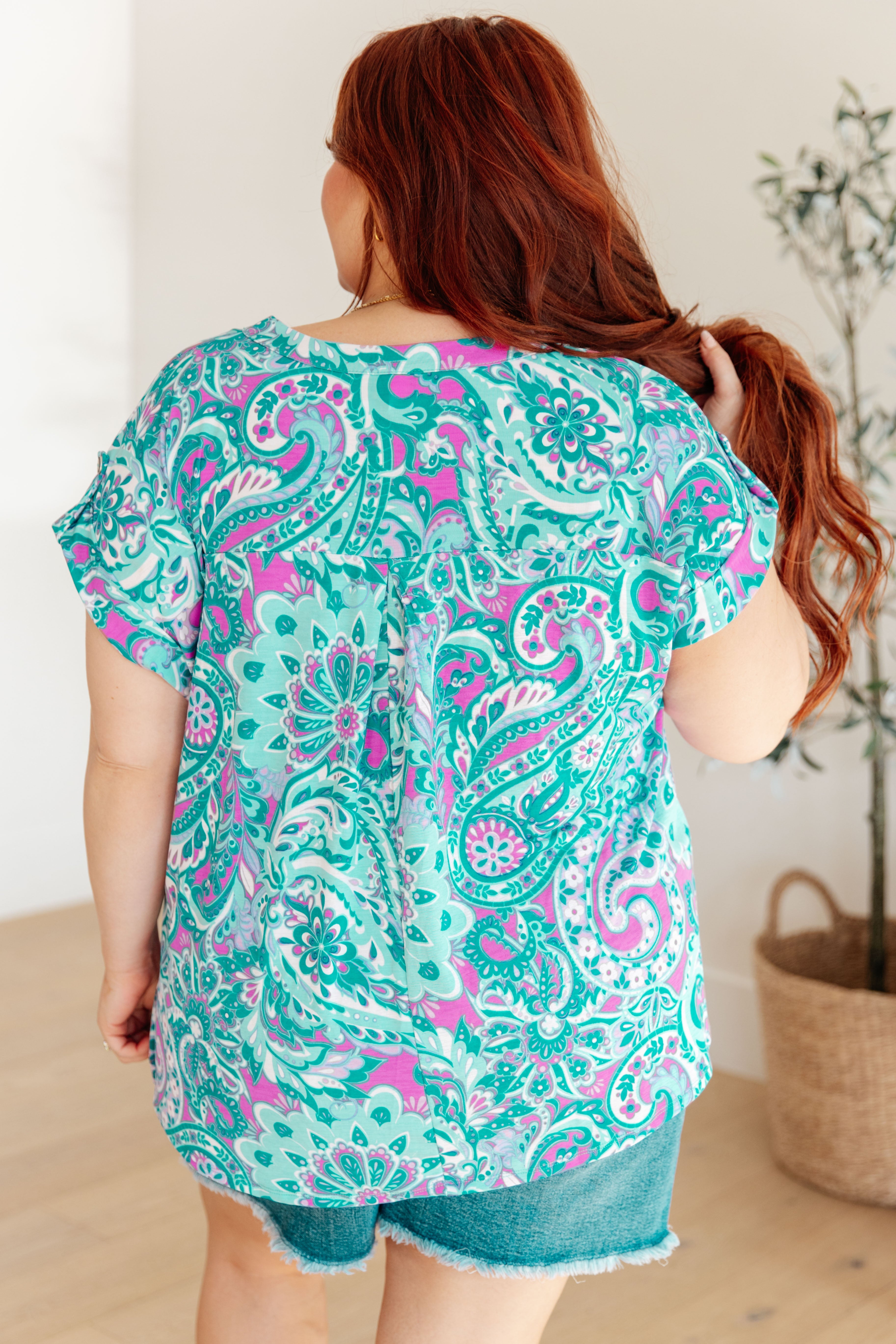 Lizzy Cap Sleeve Top in Magenta and Teal Paisley Ave Shops