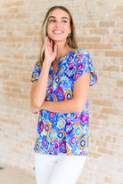 Lizzy Cap Sleeve Top in Blue and Magenta Ikat Ave Shops