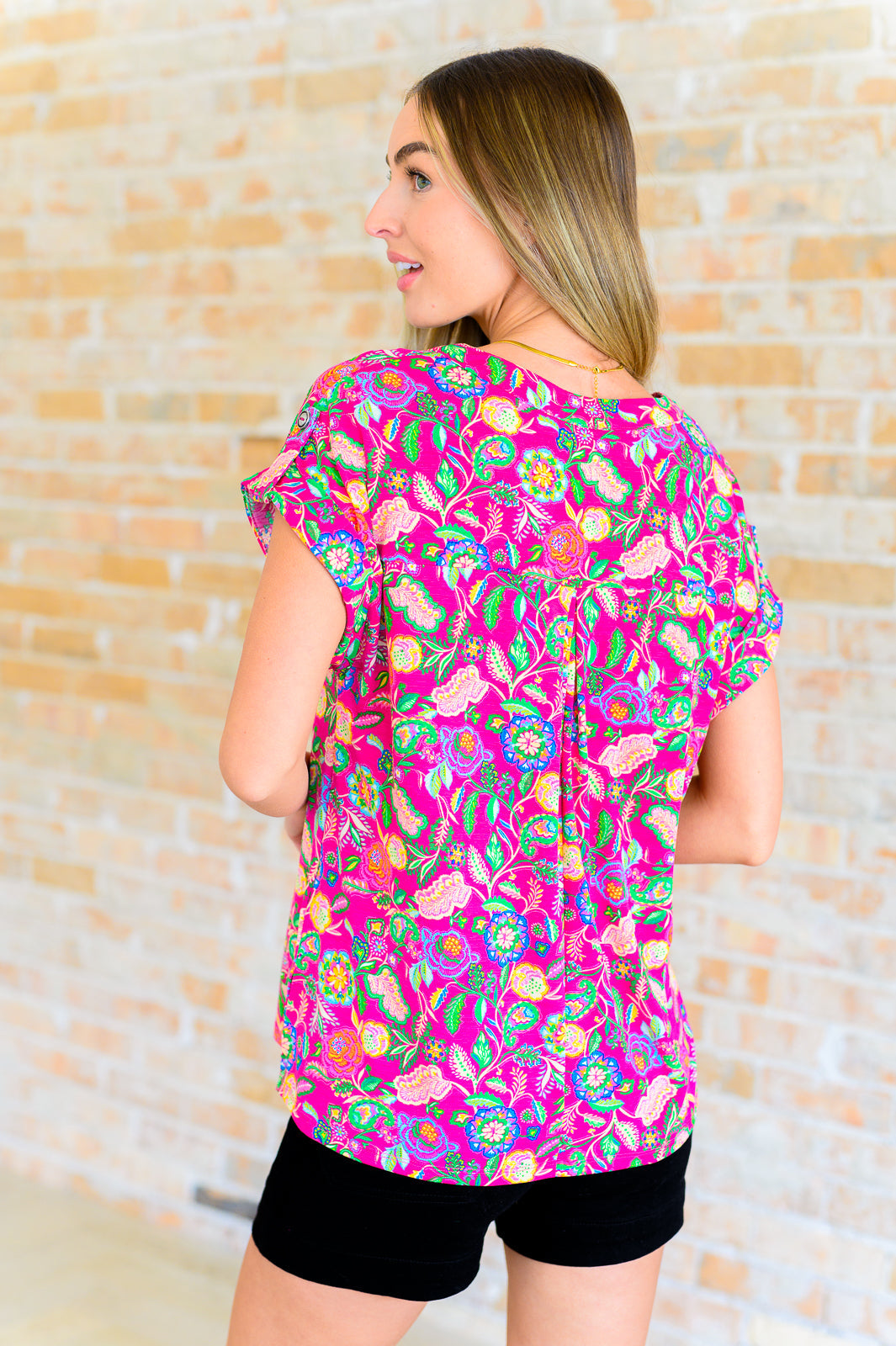 Lizzy Cap Sleeve Top in Fuchsia and Green Floral Paisley Ave Shops