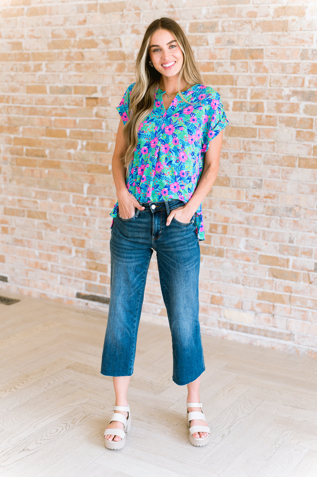 Lizzy Cap Sleeve Top in Mint and Lavender Floral Ave Shops