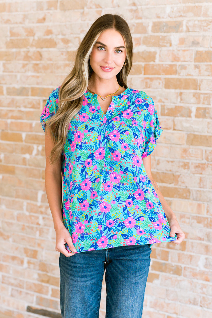 Lizzy Cap Sleeve Top in Mint and Lavender Floral Ave Shops