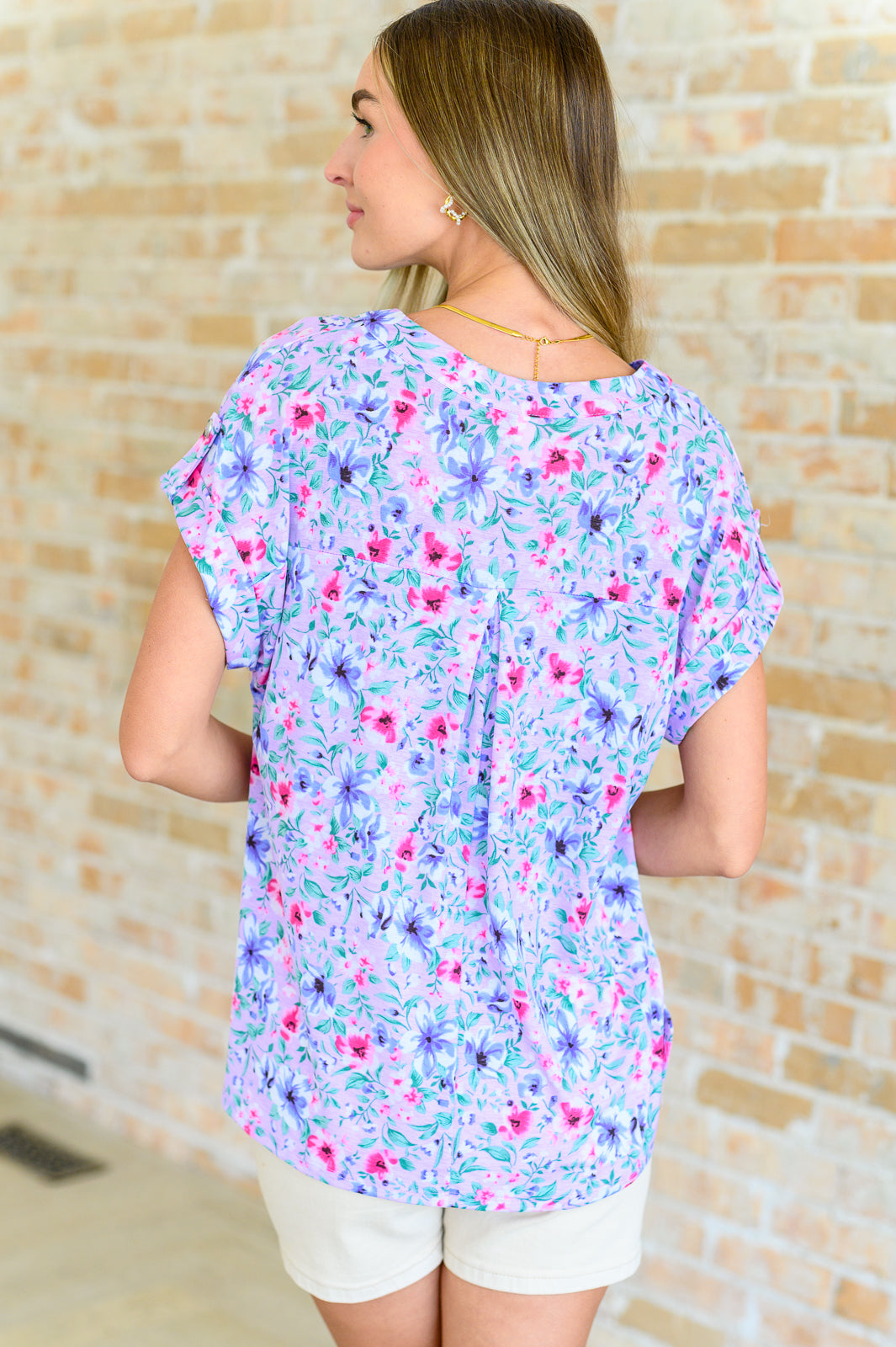 Lizzy Cap Sleeve Top in Muted Lavender and Pink Floral Ave Shops