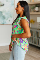 Lizzy Flutter Sleeve Top in Emerald and Purple Floral Ave Shops