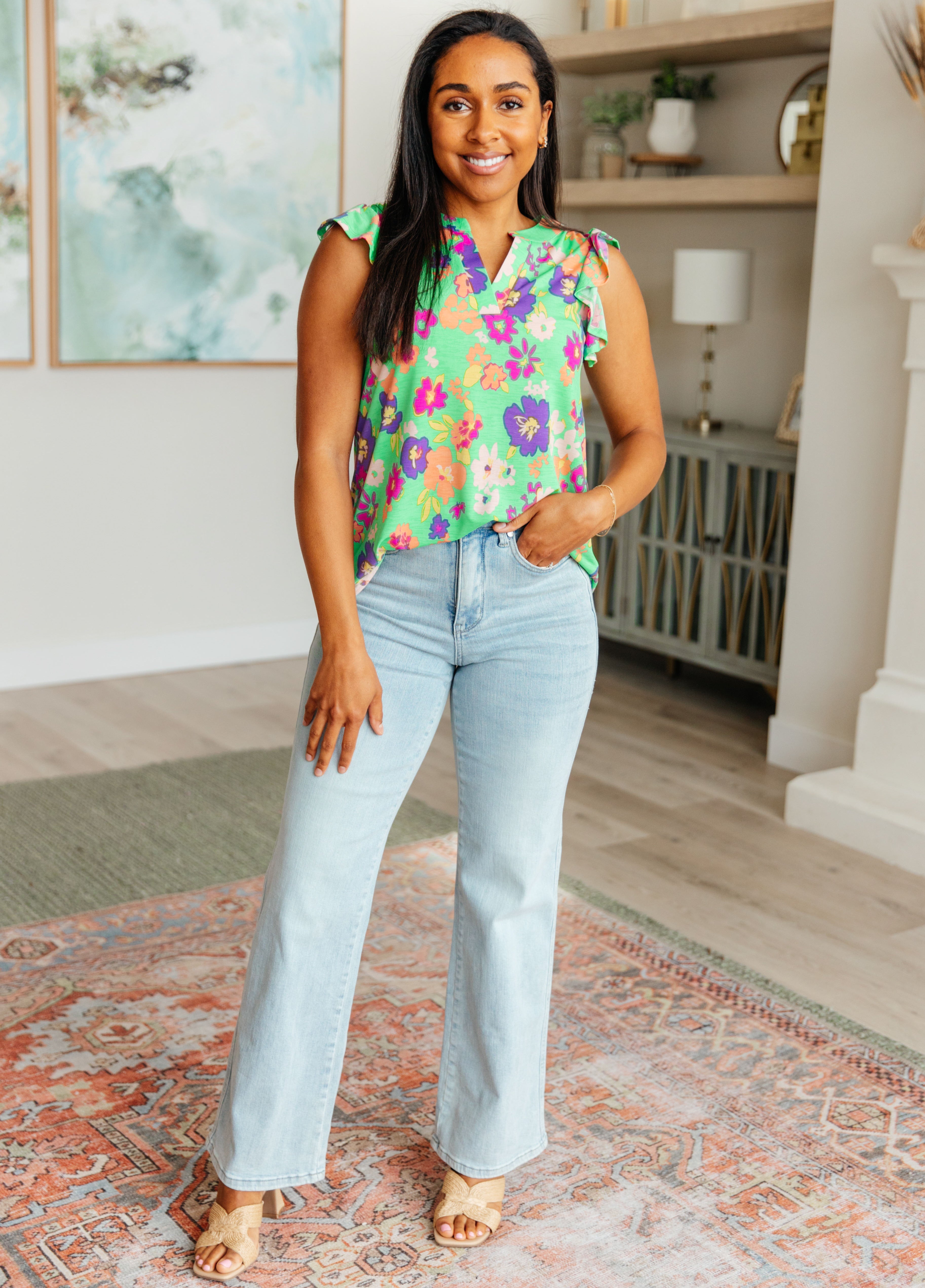 Lizzy Flutter Sleeve Top in Emerald and Purple Floral Ave Shops