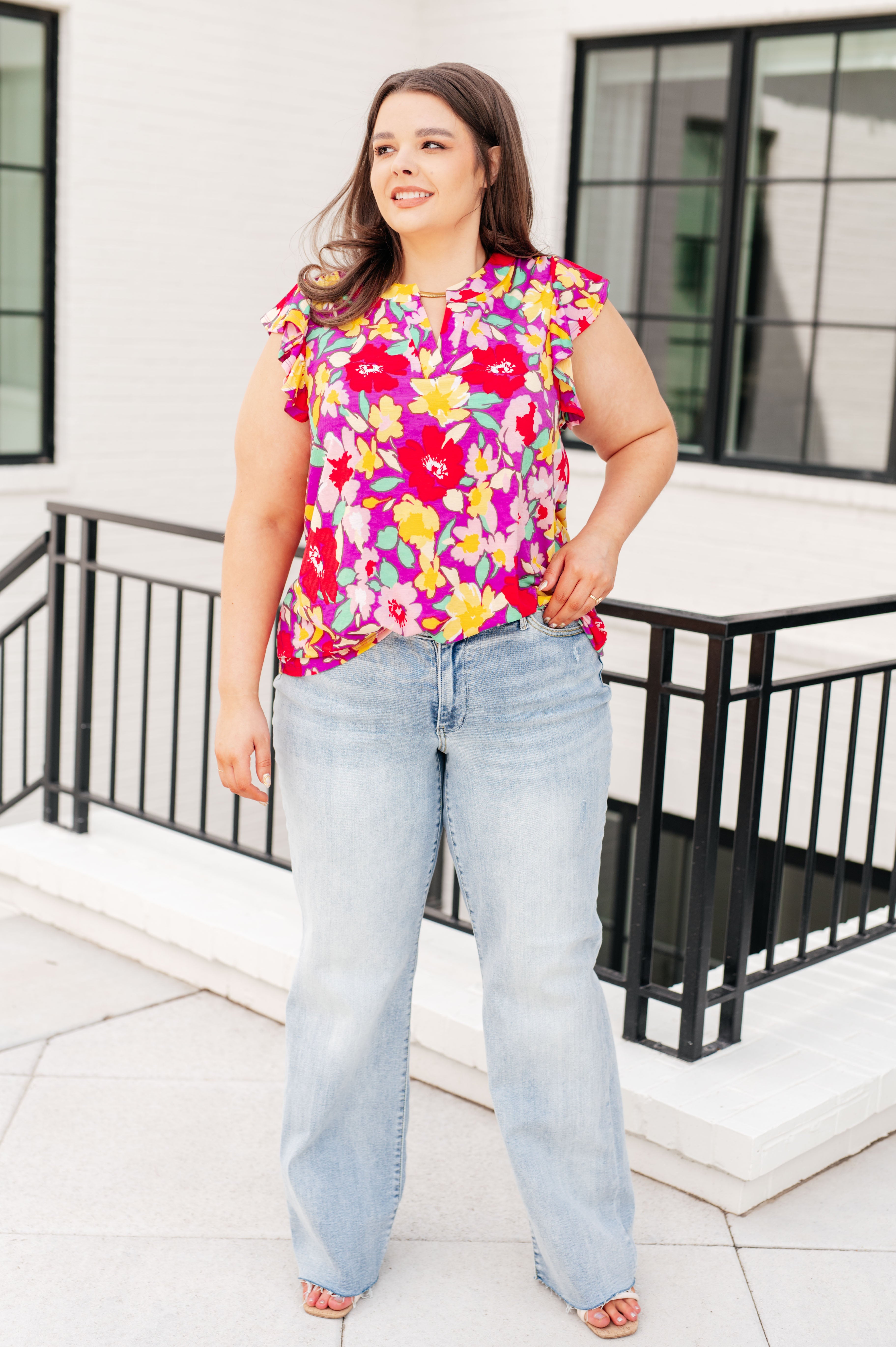 Lizzy Flutter Sleeve Top in Magenta and Yellow Floral Ave Shops