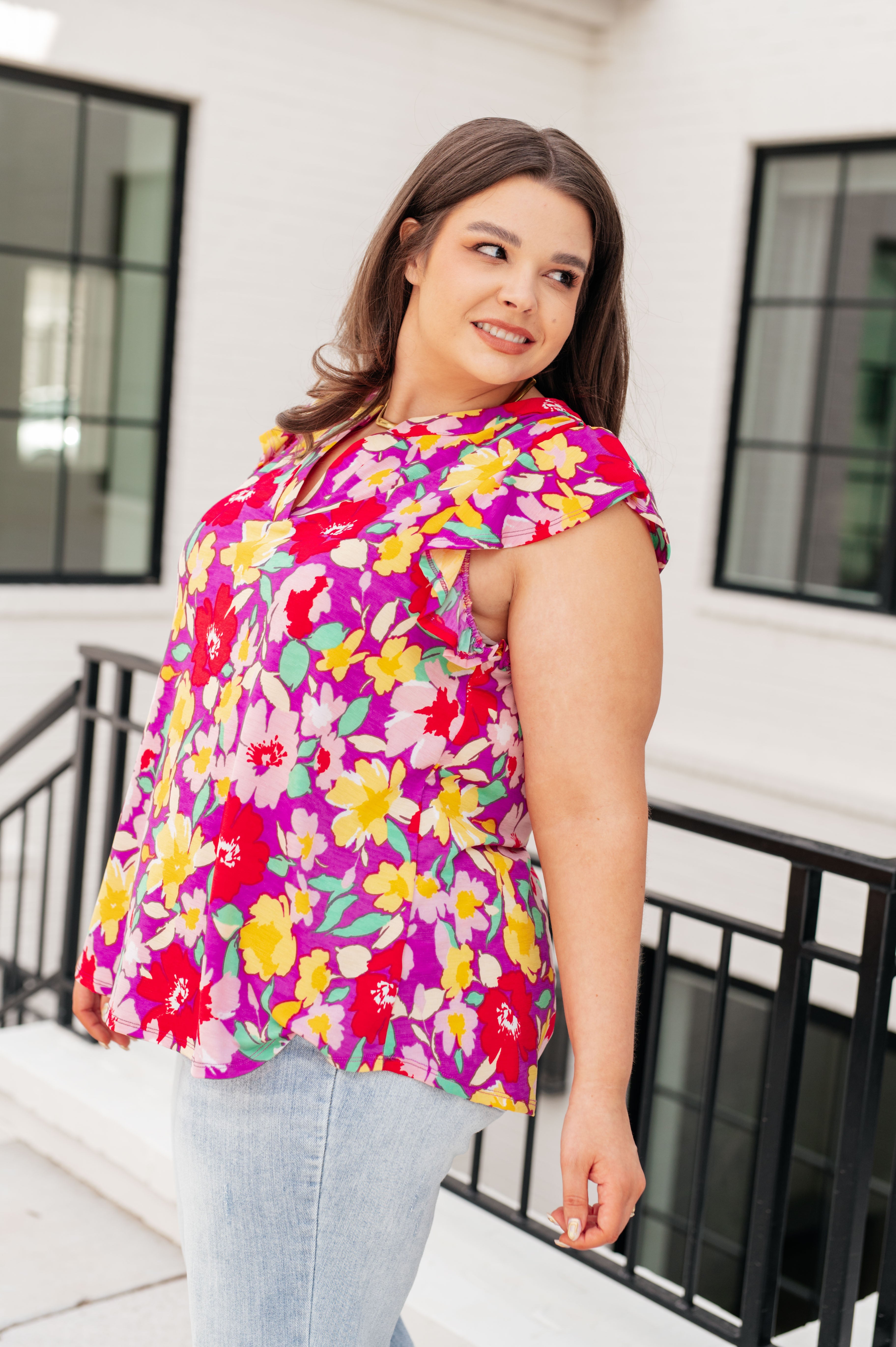 Lizzy Flutter Sleeve Top in Magenta and Yellow Floral Ave Shops