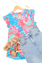 Lizzy Flutter Sleeve Top in Blue and Pink Roses Ave Shops