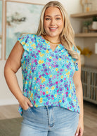 Lizzy Flutter Sleeve Top in Teal and Purple Floral Ave Shops