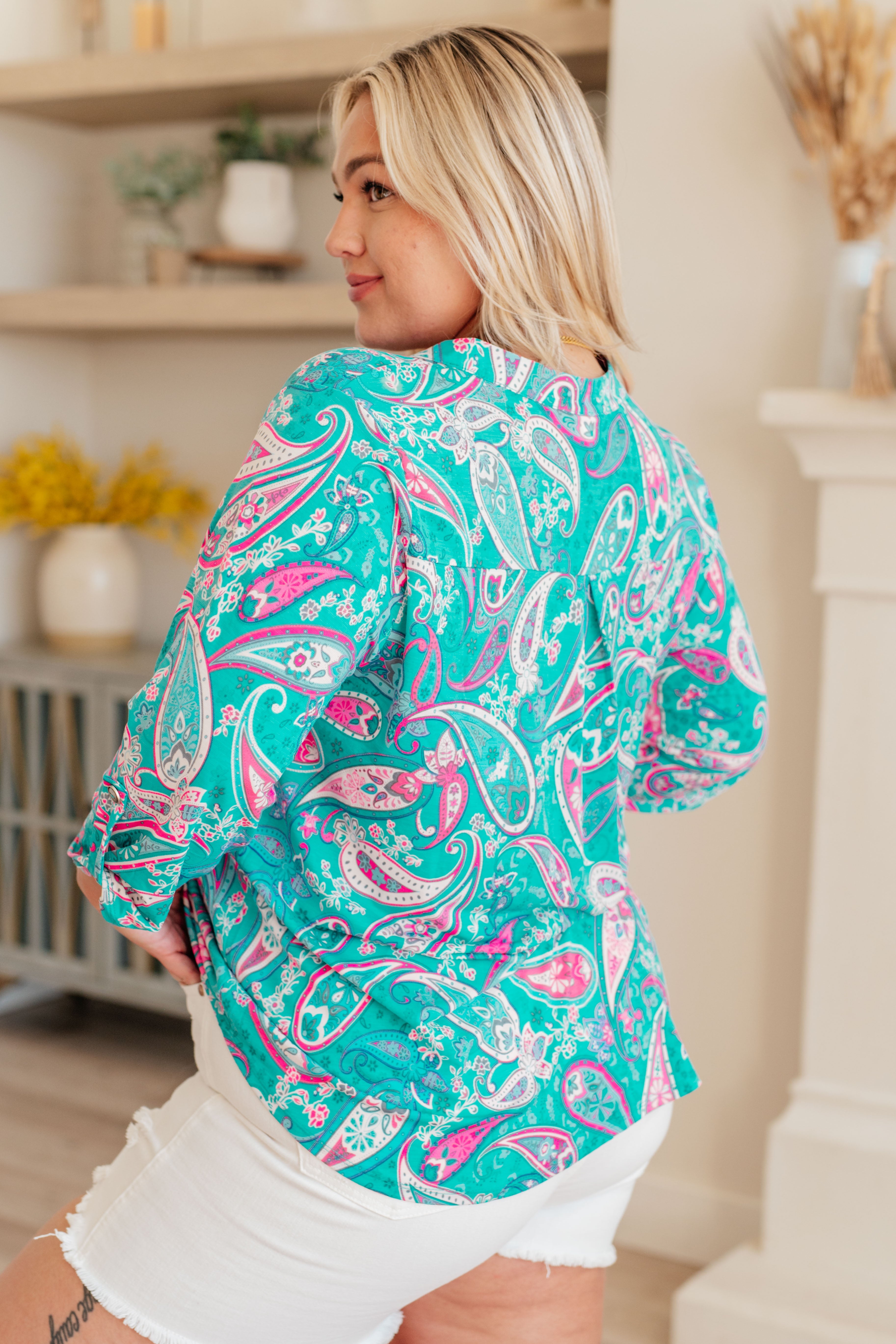 Lizzy Top in Aqua and Pink Paisley Ave Shops