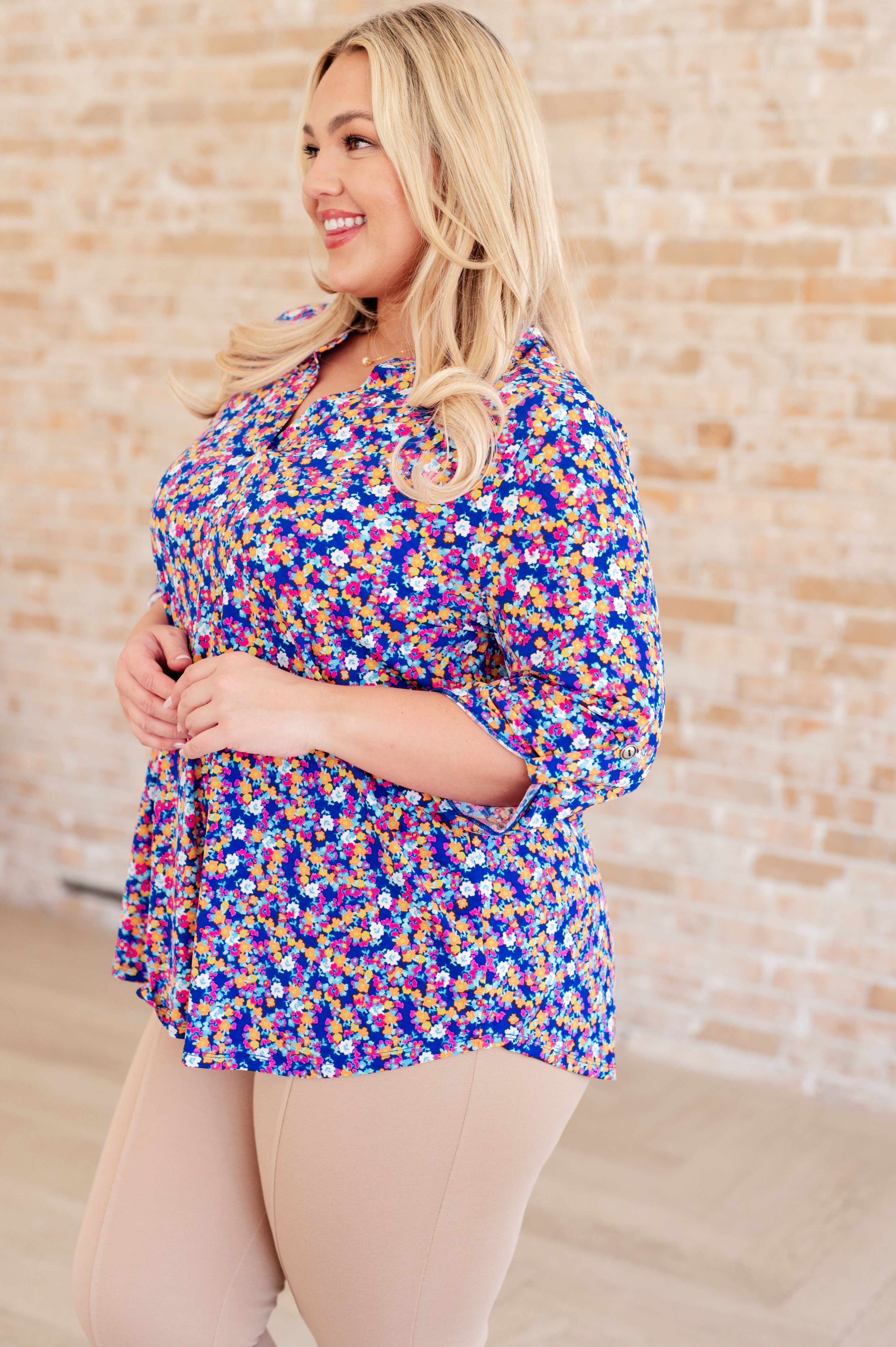 Lizzy Top in Blue and Pink Retro Ditsy Floral Ave Shops