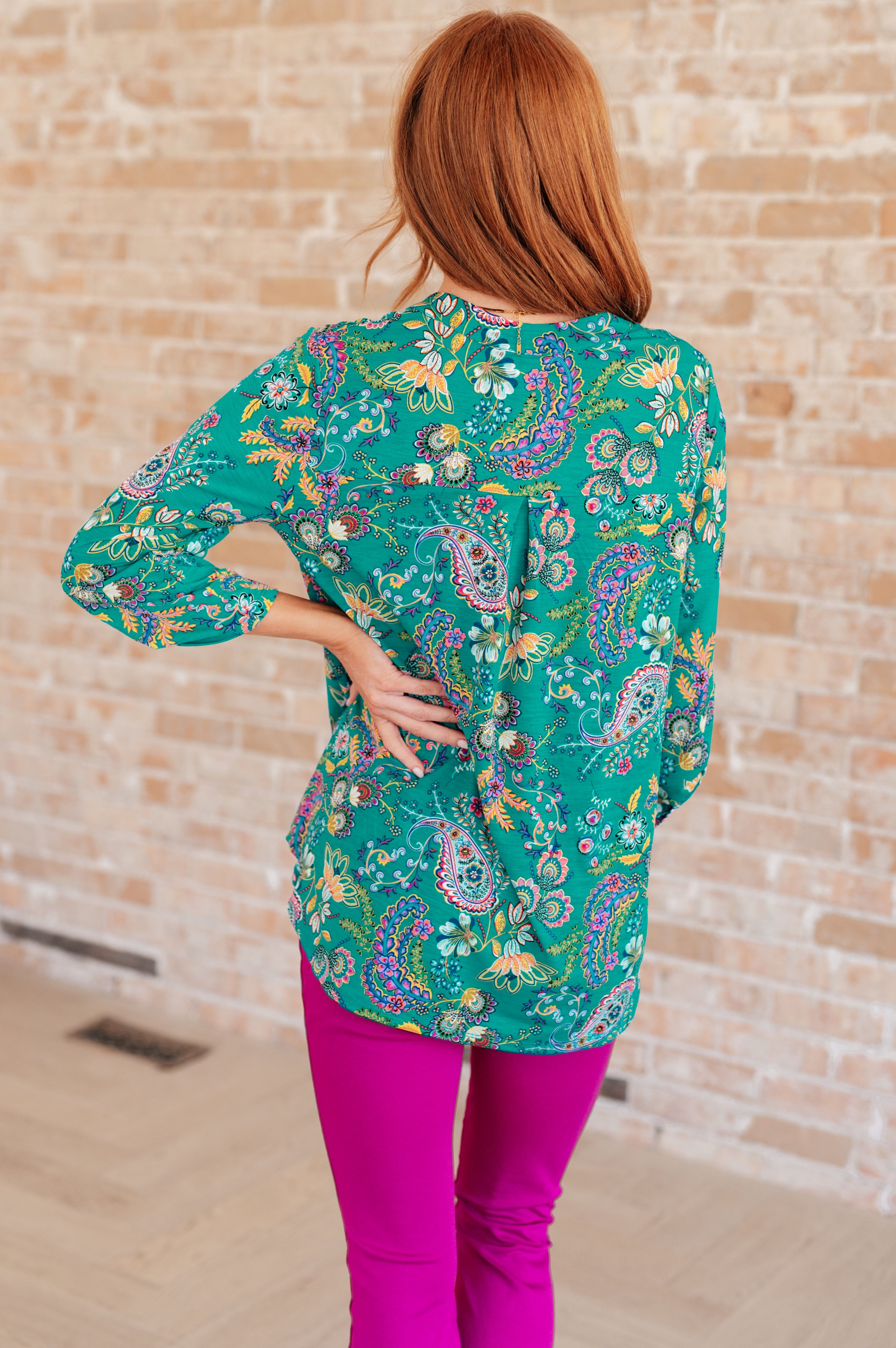 Lizzy Top in Emerald and Purple Paisley Ave Shops