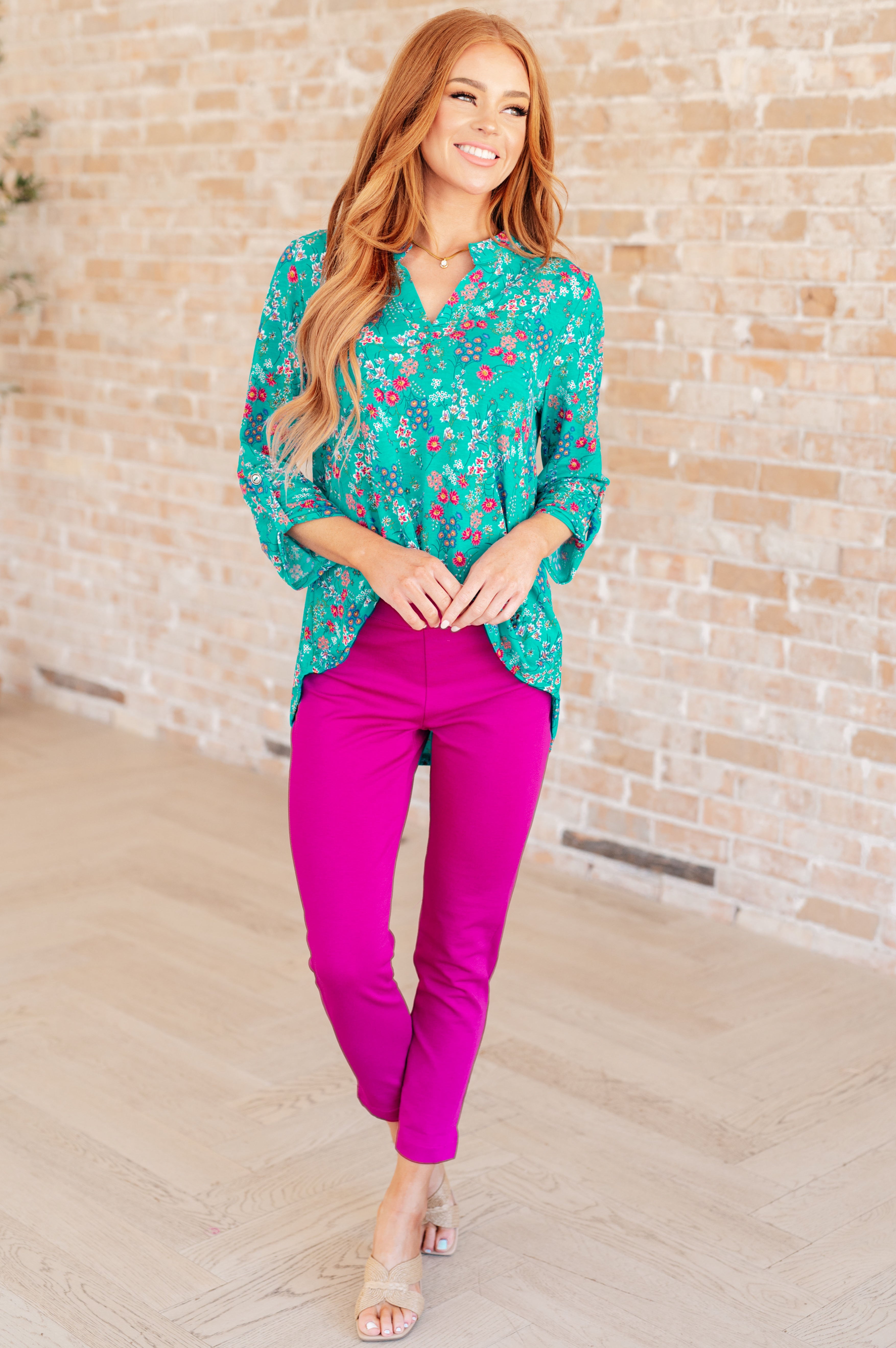 Lizzy Top in Teal and Lavender Wildflowers Ave Shops