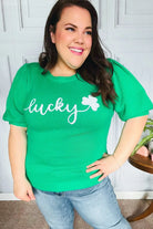 Lucky Lady Shamrock Green Sequin Puff Sleeve Knit Top Haptics