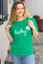 Lucky Lady Shamrock Green Sequin Puff Sleeve Knit Top Haptics