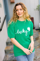 Lucky Lady Shamrock Green Sequin Puff Sleeve Knit Top Haptics